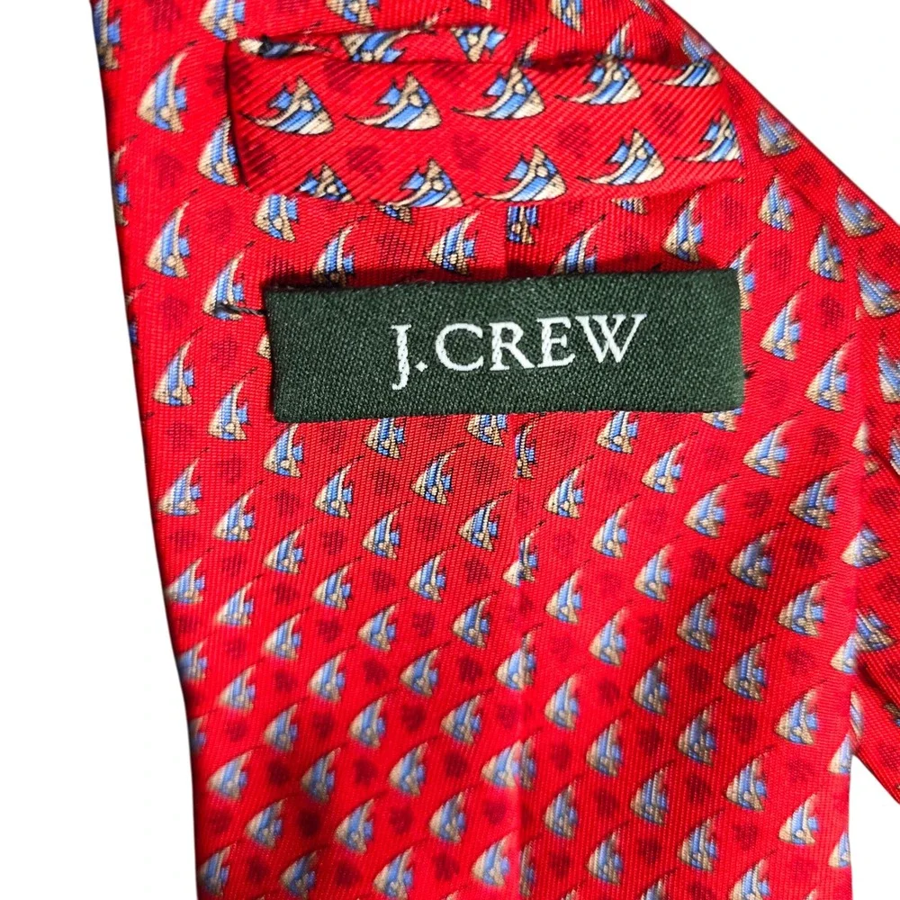J Crew Mens Red‎ Silk Tie Fish Sailing Ship Pattern Nautical Made in Korea